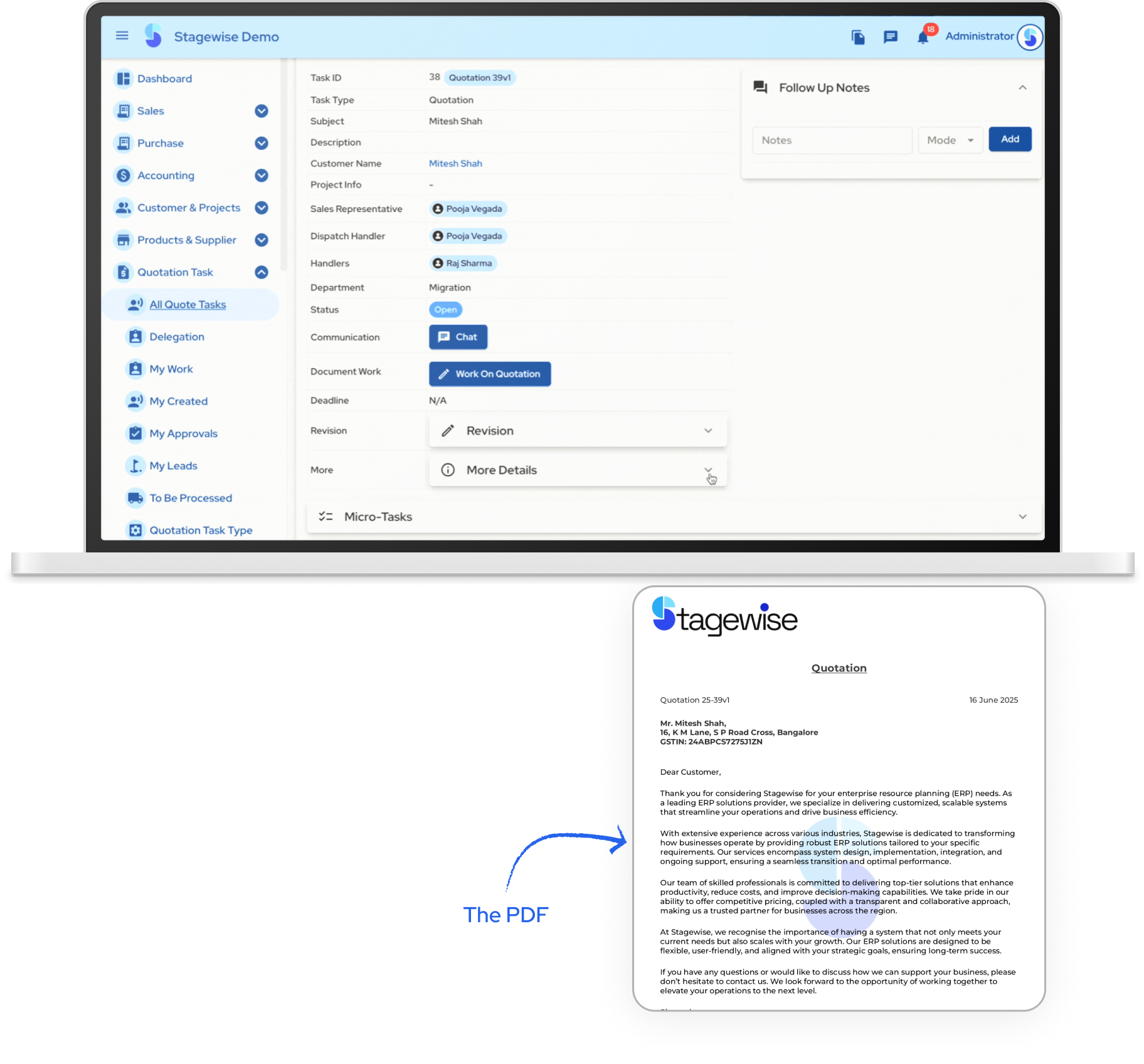Stagewise quotation management interface